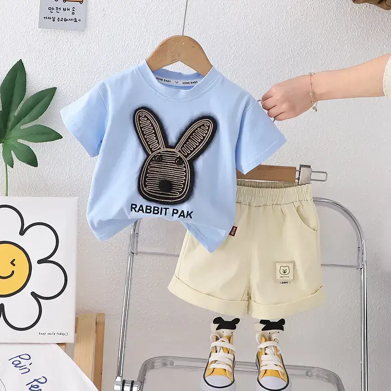 Baby Rabbit Print Short Sleeve T-Shirt & Shorts Set Light Blue 2024 - Image 3