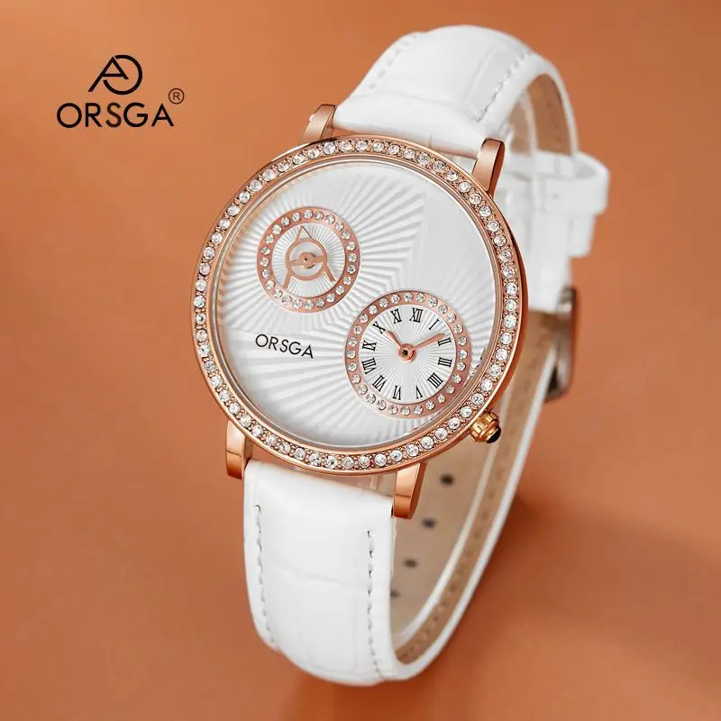 ORSGA Double Dial Women's Quartz Watch Brown Leather Band - Image 16