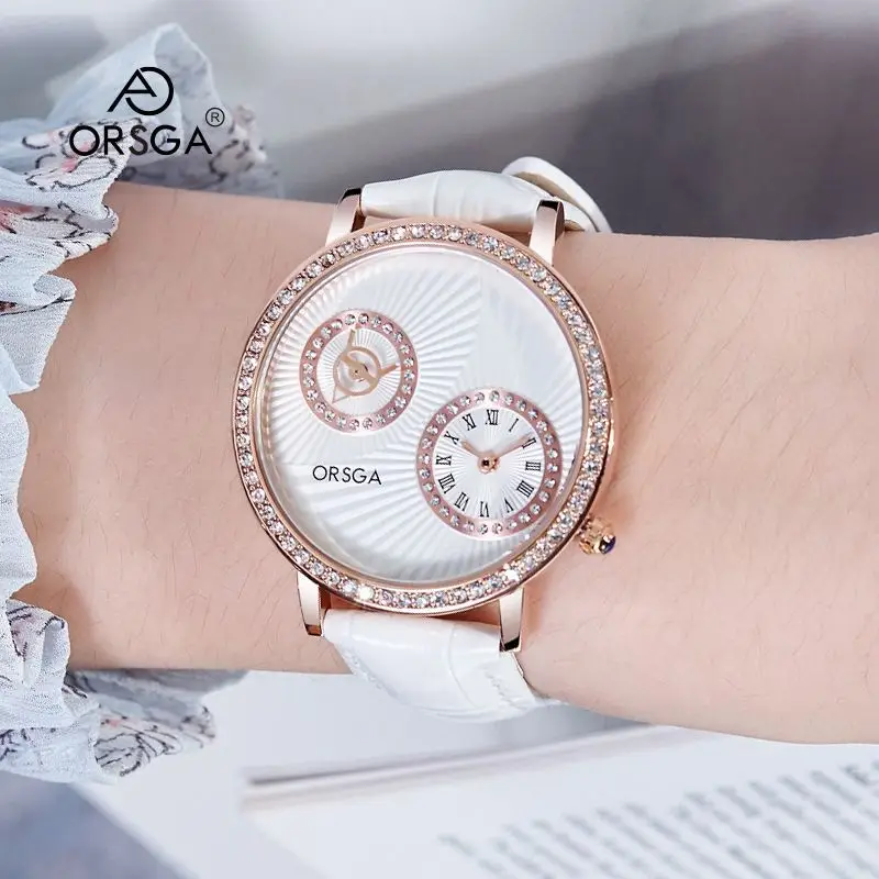 ORSGA Double Dial Women's Quartz Watch Brown Leather Band - Image 17
