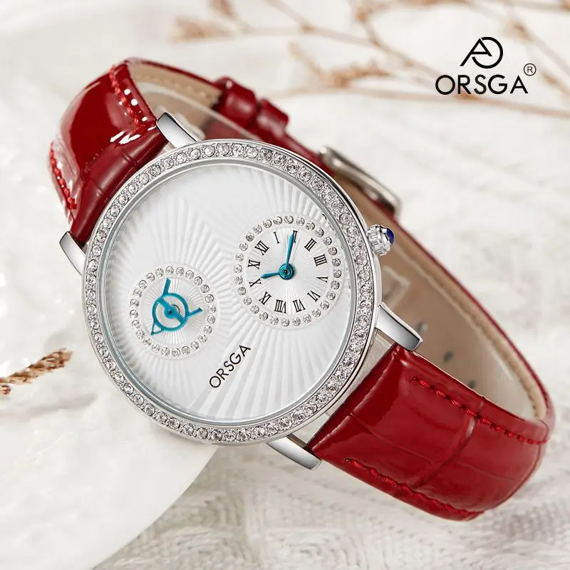 ORSGA Double Dial Women's Quartz Watch Brown Leather Band - Image 18