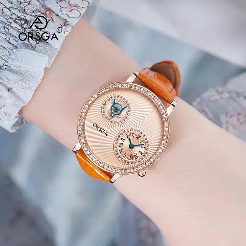 ORSGA Double Dial Women's Quartz Watch Brown Leather Band - Image 19