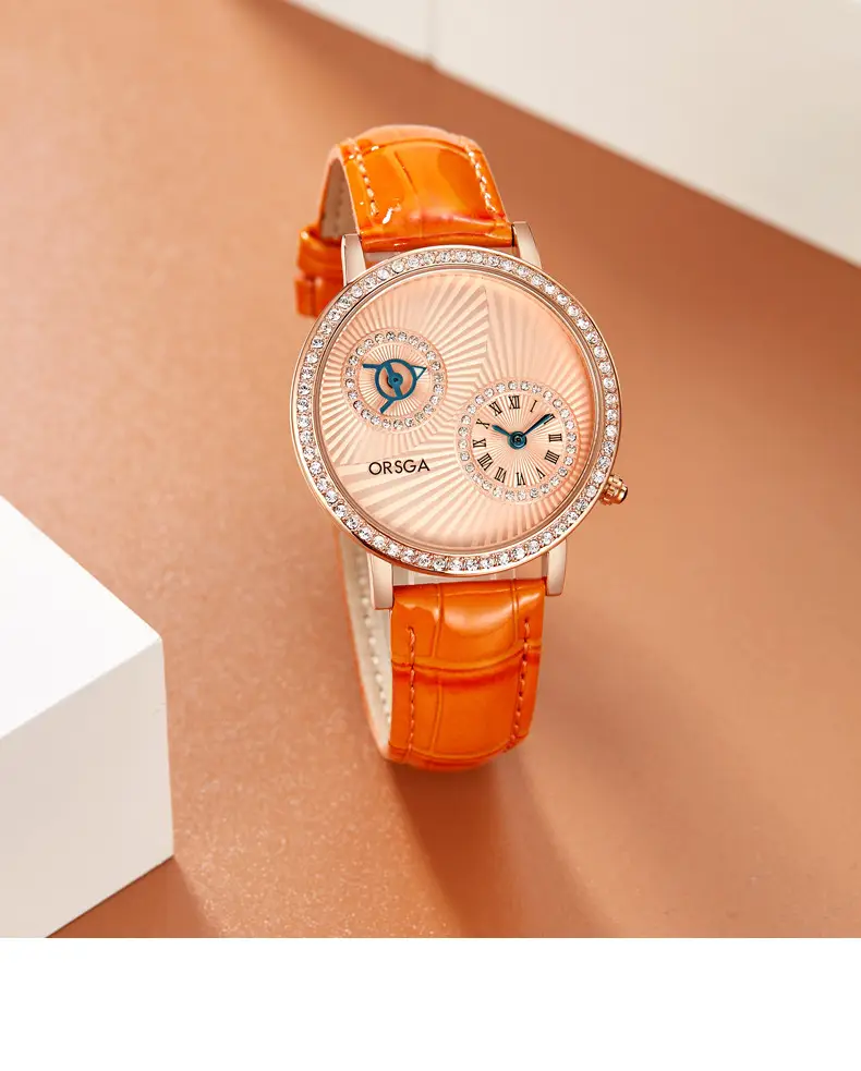 ORSGA Double Dial Women's Quartz Watch Brown Leather Band — feature 14