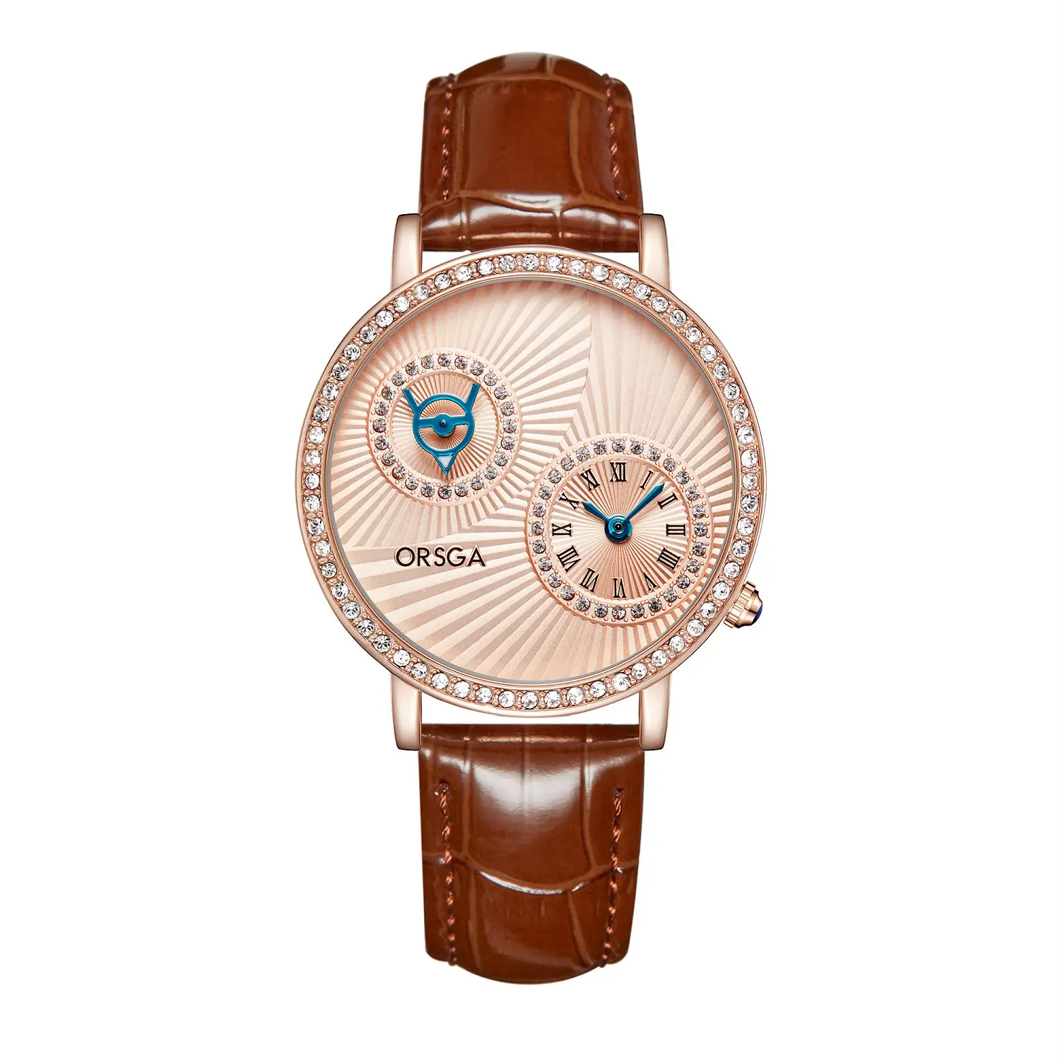 ORSGA Double Dial Women's Quartz Watch Brown Leather Band - Image 12