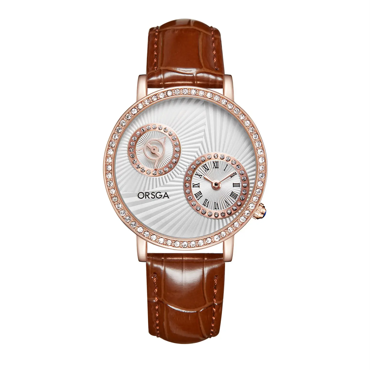 ORSGA Double Dial Women's Quartz Watch Brown Leather Band - Image 13