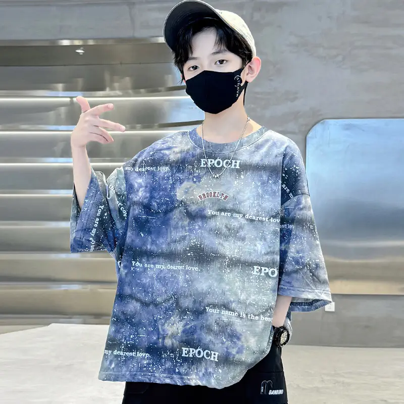 Children's Tie-Dye Printed T-Shirt Blue Mid-Sleeves - Image 2