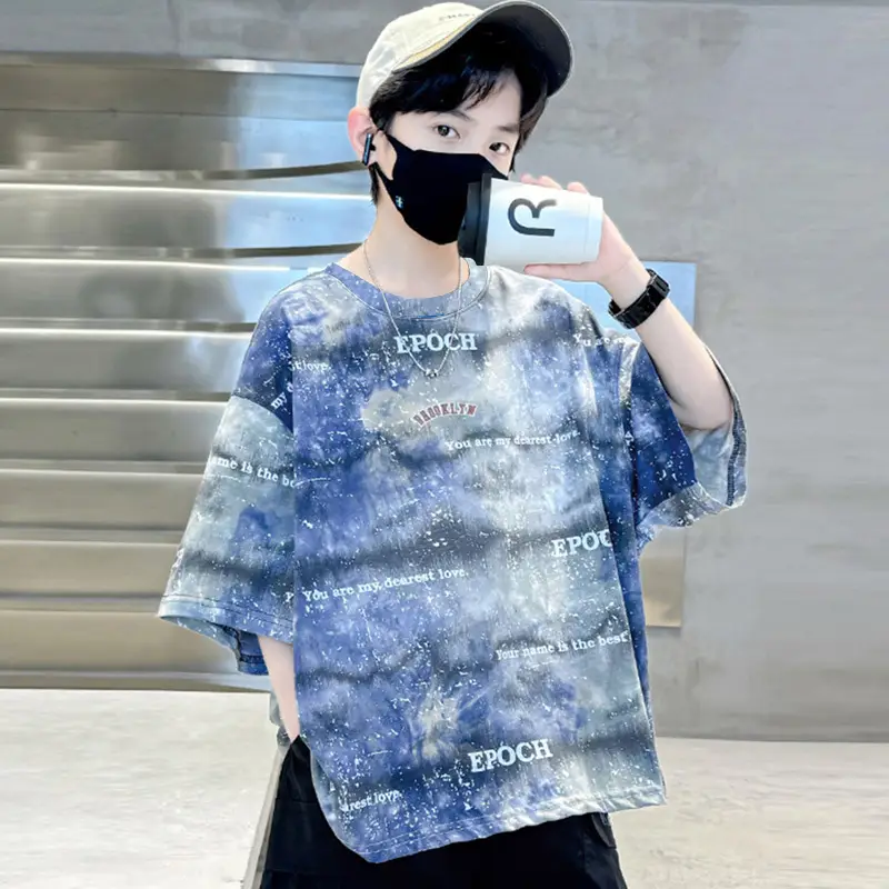 Children's Tie-Dye Printed T-Shirt Blue Mid-Sleeves - Image 4