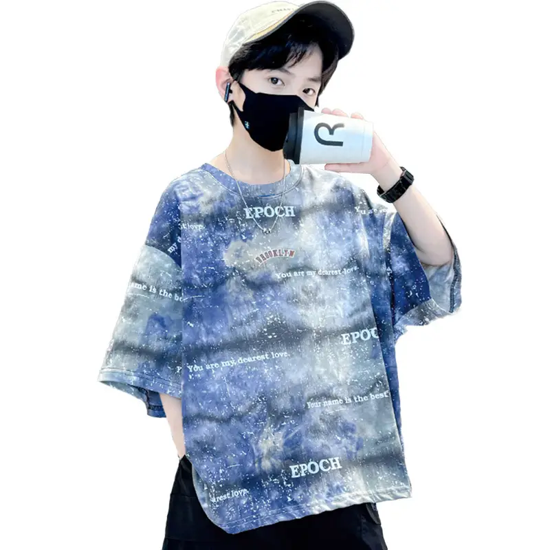 Children's Tie-Dye Printed T-Shirt Blue Mid-Sleeves - Image 5