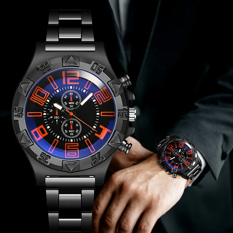 Men's Black Chronograph Watch with Blue Dial & Steel Band - Image 7