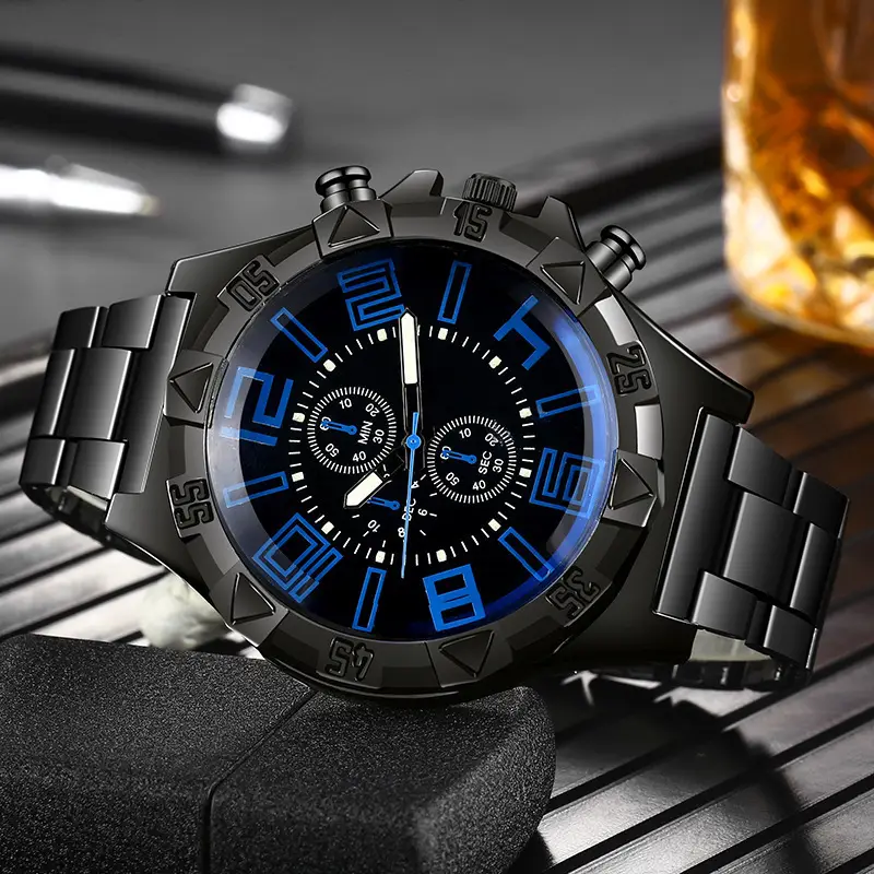 Men's Black Chronograph Watch with Blue Dial & Steel Band - Image 8