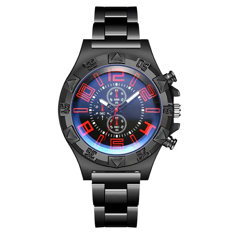 Men's Black Chronograph Watch with Blue Dial & Steel Band - Image 3