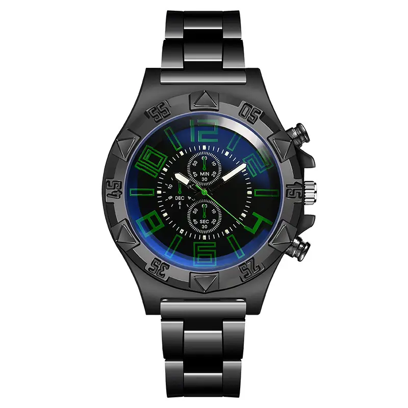 Men's Black Chronograph Watch with Blue Dial & Steel Band - Image 4