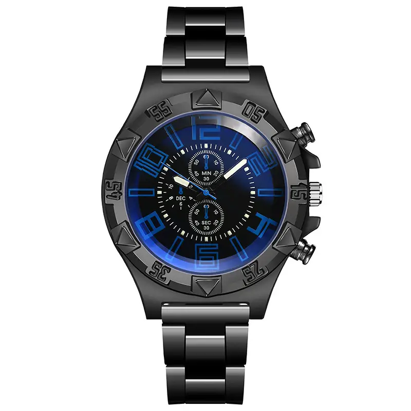 Men's Black Chronograph Watch with Blue Dial & Steel Band - Image 5