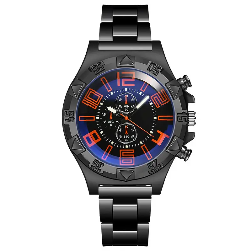 Men's Black Chronograph Watch with Blue Dial & Steel Band - Image 6
