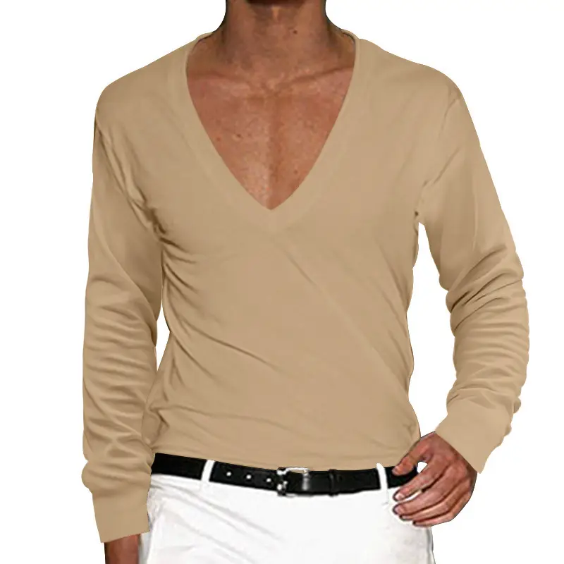 Men Blue Long Sleeve V Neck T-Shirt Slim Fit - Image 2