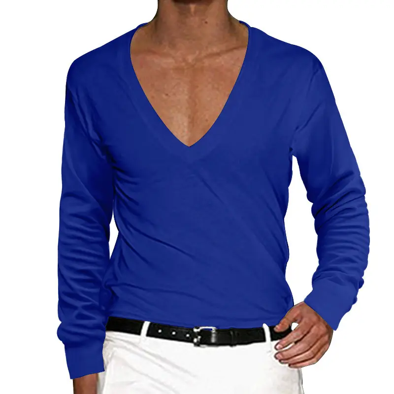 Men Blue Long Sleeve V Neck T-Shirt Slim Fit - Image 4