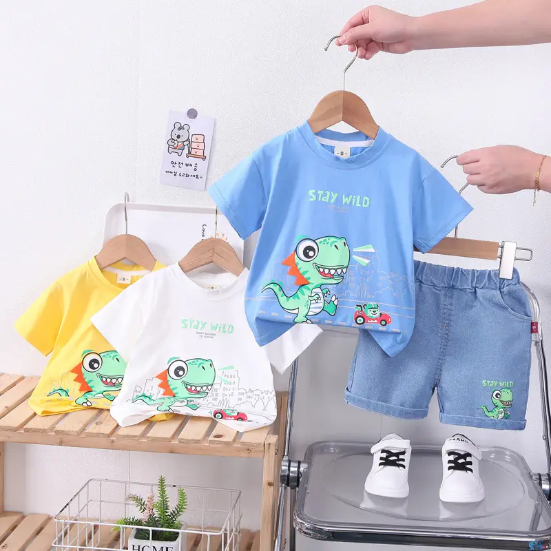 Children's 2Pc Short Sleeve T-Shirt & Shorts Set White Blue Summer 2024 - Image 7