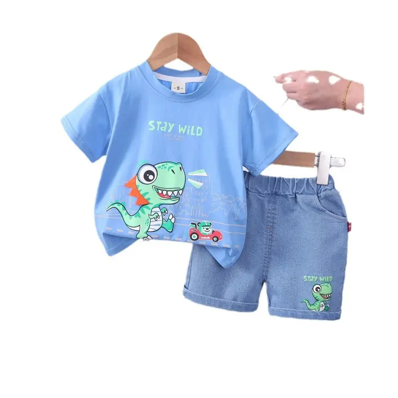 Children's 2Pc Short Sleeve T-Shirt & Shorts Set White Blue Summer 2024 - Image 8