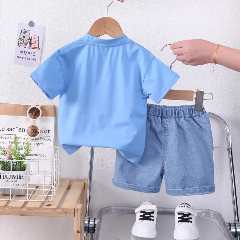 Children's 2Pc Short Sleeve T-Shirt & Shorts Set White Blue Summer 2024 — feature 12