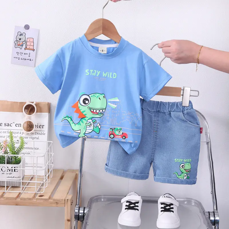 Children's 2Pc Short Sleeve T-Shirt & Shorts Set White Blue Summer 2024 - Image 2