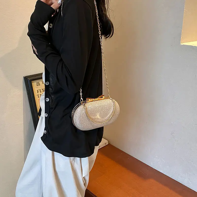 2024 Black Textured Shoulder Crossbody Bag with Gold Chain - Image 7