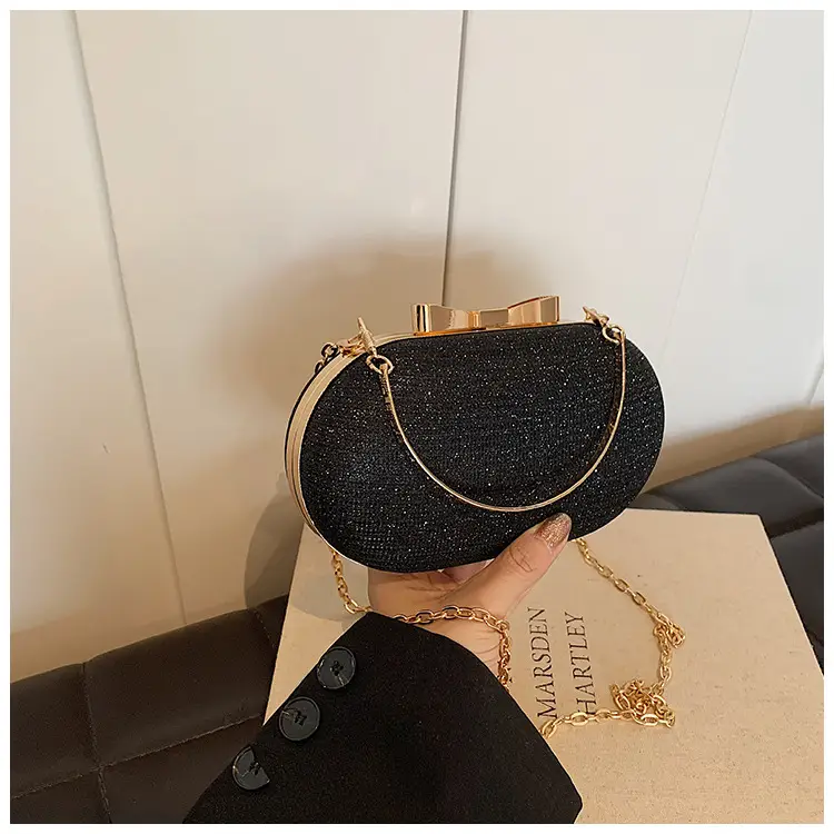 2024 Black Textured Shoulder Crossbody Bag with Gold Chain - Image 2