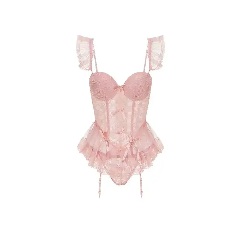 White Lace Fishbone Suspenders Corset with Bow Detail - Image 15
