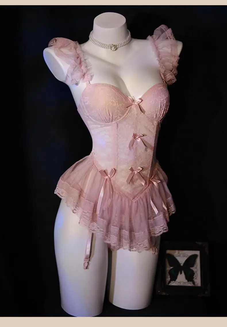 White Lace Fishbone Suspenders Corset with Bow Detail — feature 12