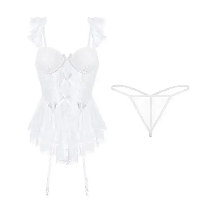 White Lace Fishbone Suspenders Corset with Bow Detail - Image 4