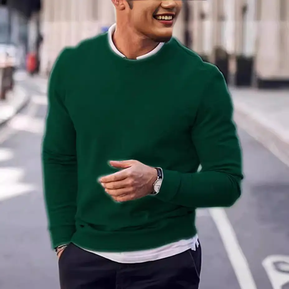 Men's Black Heavy Waffle Long Sleeve Round Neck Sweatshirt - Image 9