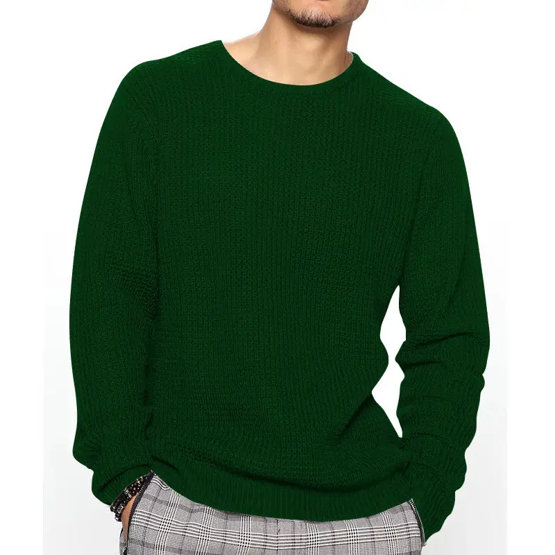 Men's Black Heavy Waffle Long Sleeve Round Neck Sweatshirt - Image 10