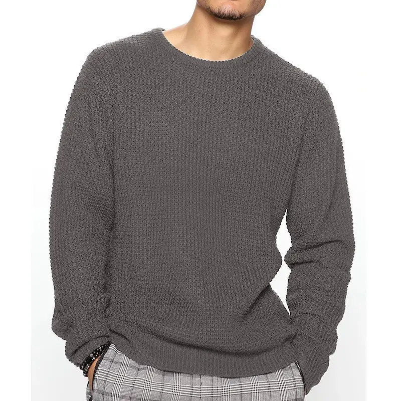 Men's Black Heavy Waffle Long Sleeve Round Neck Sweatshirt - Image 11