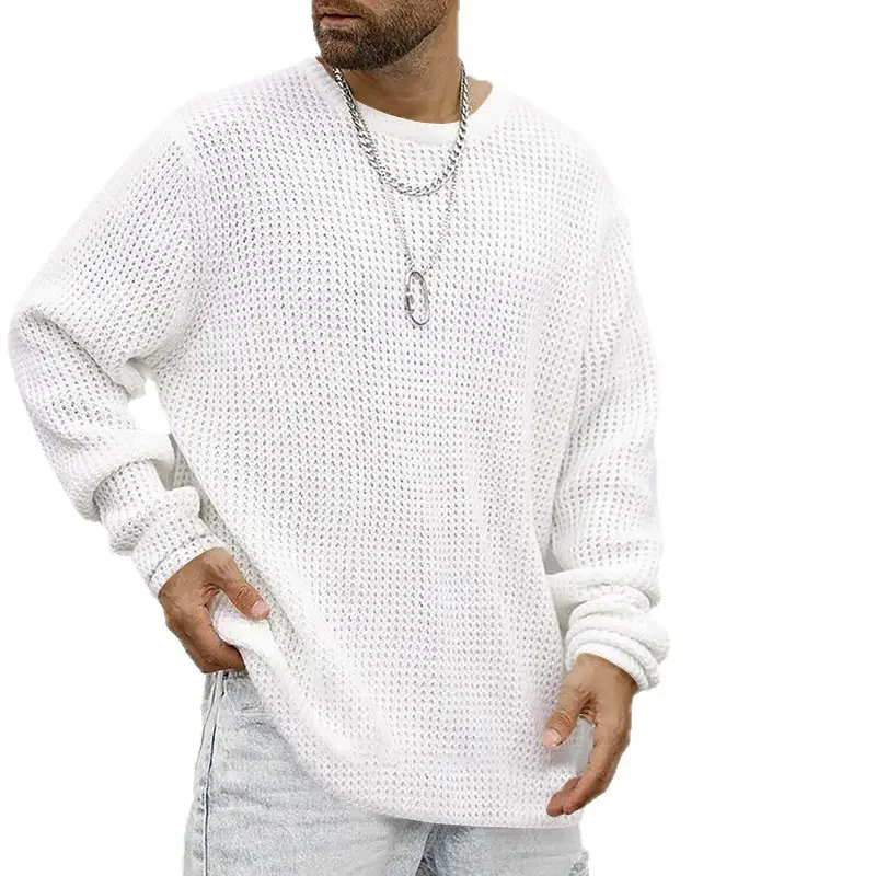 Men's Black Heavy Waffle Long Sleeve Round Neck Sweatshirt - Image 12
