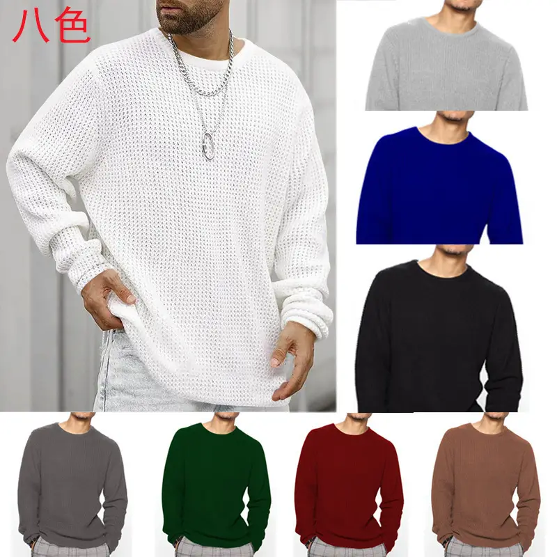Men's Black Heavy Waffle Long Sleeve Round Neck Sweatshirt — feature 11