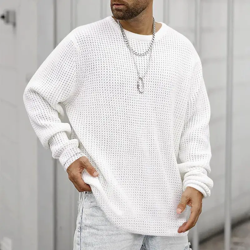 Men's Black Heavy Waffle Long Sleeve Round Neck Sweatshirt — feature 12