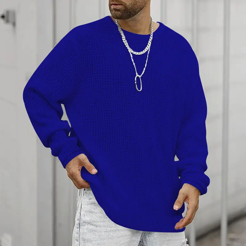 Men's Black Heavy Waffle Long Sleeve Round Neck Sweatshirt — feature 16