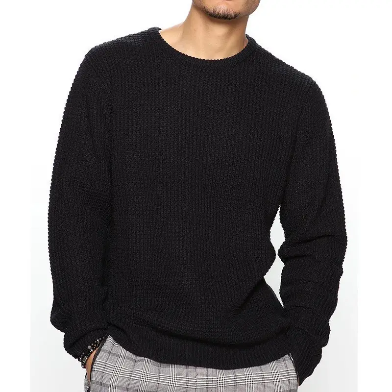 Men's Black Heavy Waffle Long Sleeve Round Neck Sweatshirt — feature 18