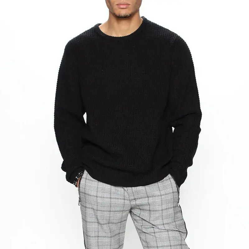 Men's Black Heavy Waffle Long Sleeve Round Neck Sweatshirt — feature 19