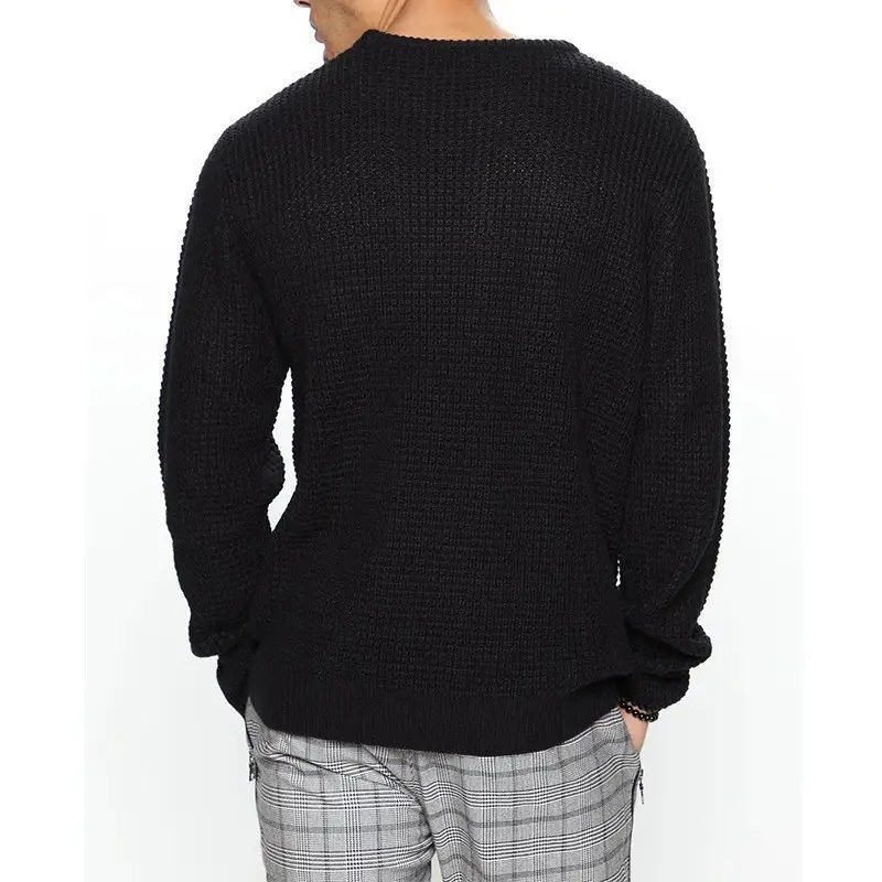 Men's Black Heavy Waffle Long Sleeve Round Neck Sweatshirt — feature 20