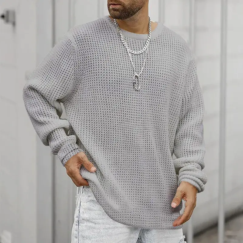 Men's Black Heavy Waffle Long Sleeve Round Neck Sweatshirt — feature 28