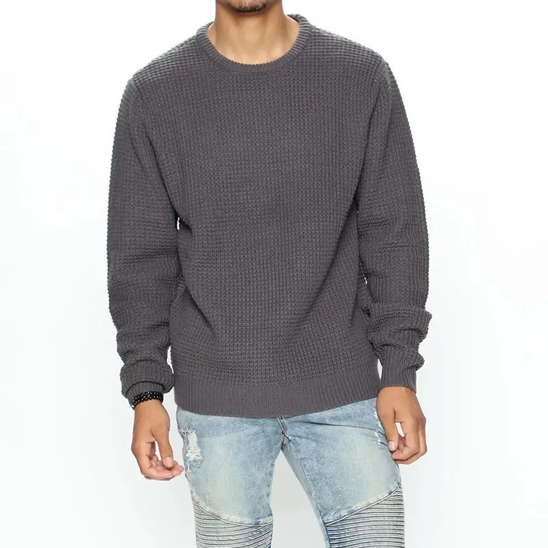 Men's Black Heavy Waffle Long Sleeve Round Neck Sweatshirt — feature 32