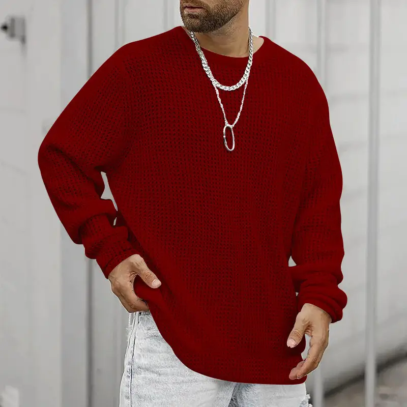 Men's Black Heavy Waffle Long Sleeve Round Neck Sweatshirt — feature 35