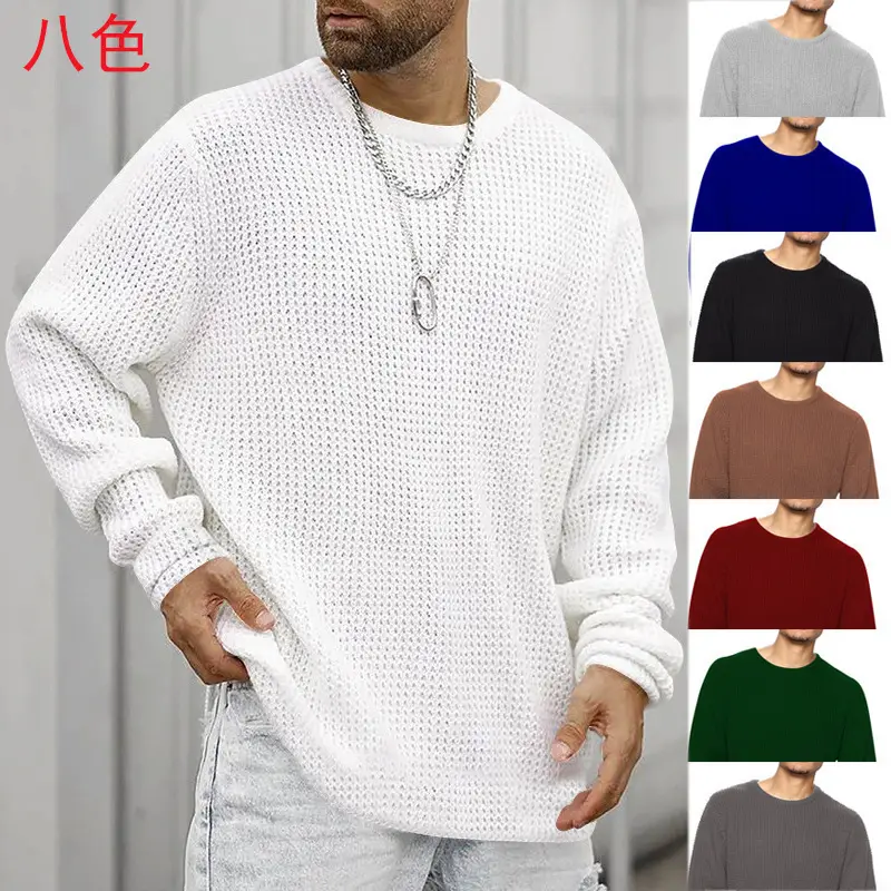 Men's Black Heavy Waffle Long Sleeve Round Neck Sweatshirt — feature 5