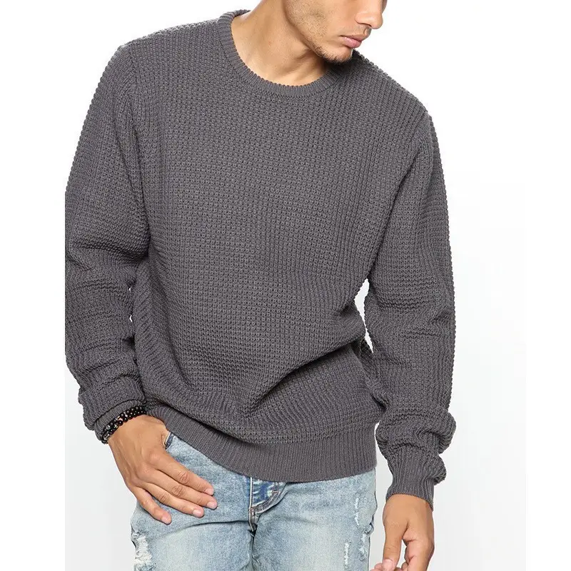 Men's Black Heavy Waffle Long Sleeve Round Neck Sweatshirt - Image 4