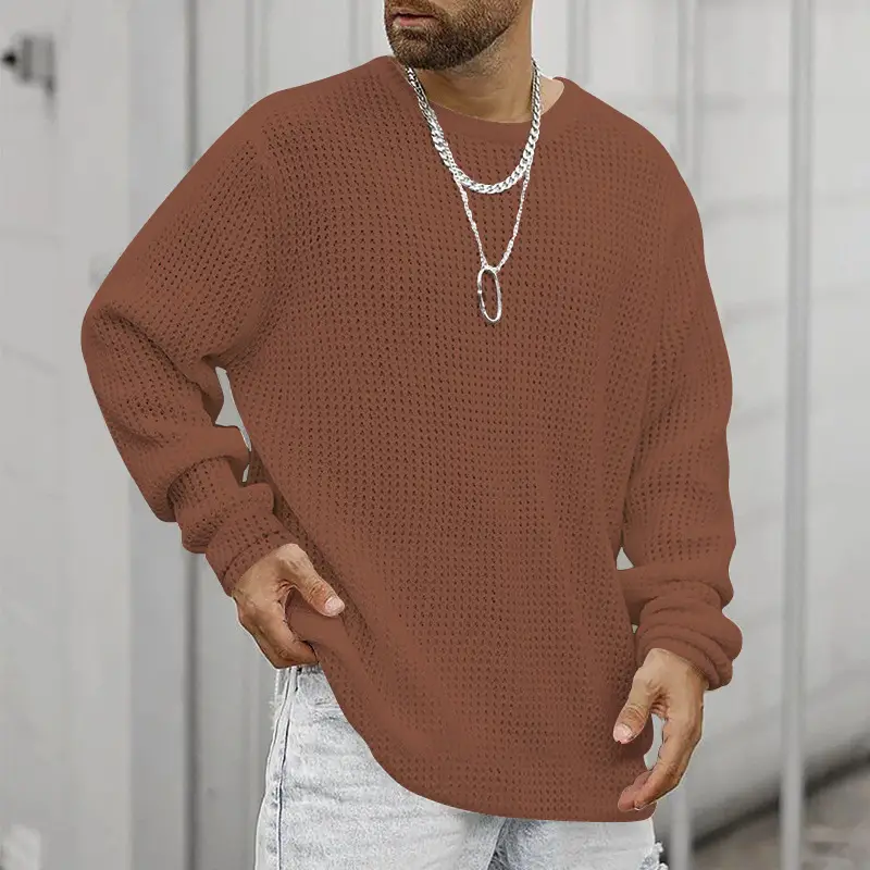 Men's Black Heavy Waffle Long Sleeve Round Neck Sweatshirt - Image 7