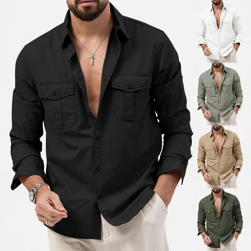 Men's White Button-Down Shirt with Multi-Flap Pocket - Image 7