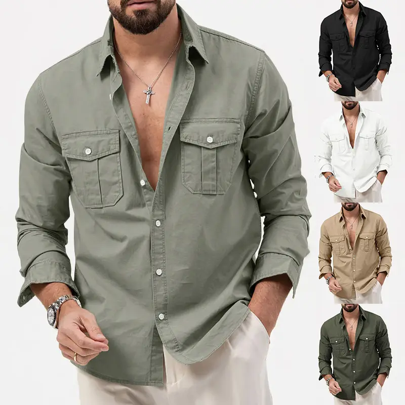 Men's White Button-Down Shirt with Multi-Flap Pocket - Image 8