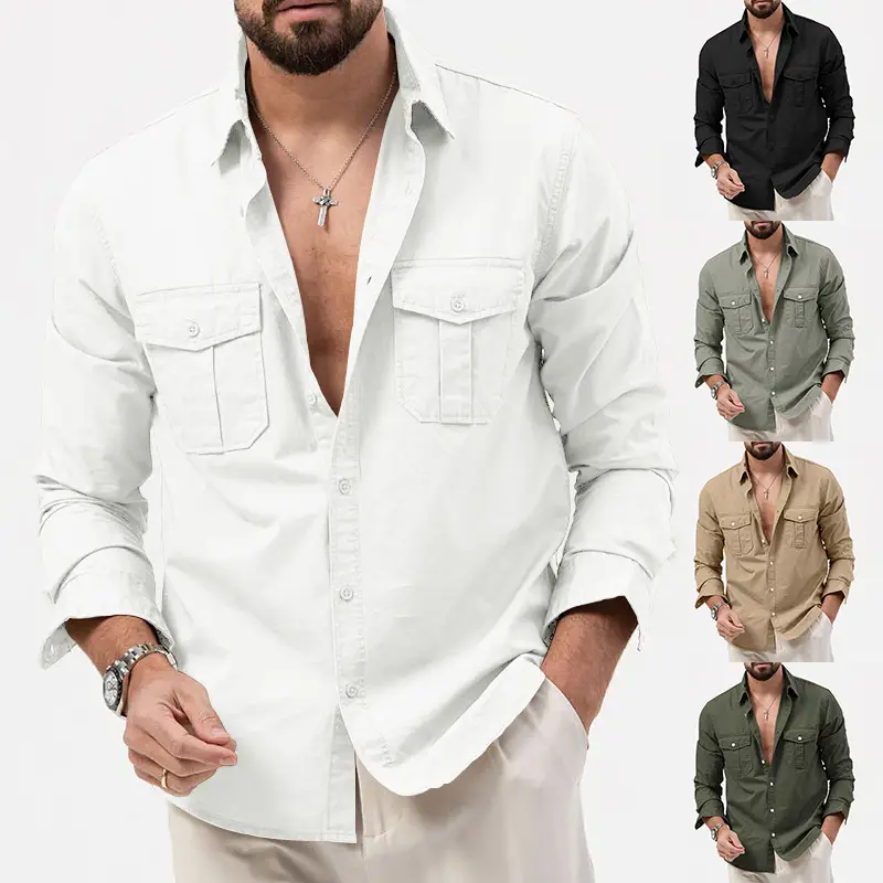 Men's White Button-Down Shirt with Multi-Flap Pocket - Image 9