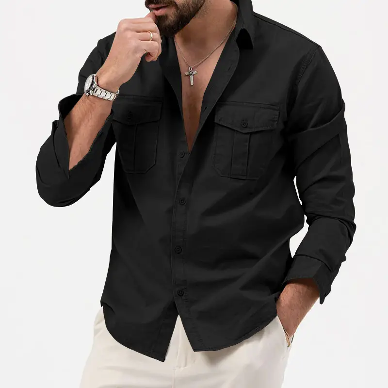 Men's White Button-Down Shirt with Multi-Flap Pocket - Image 2