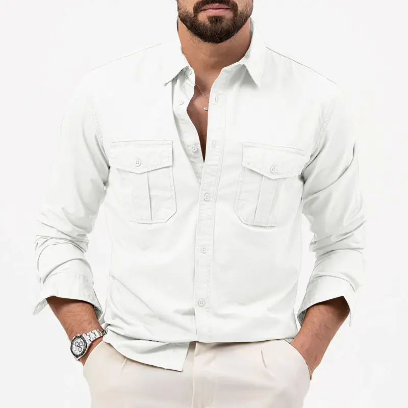 Men's White Button-Down Shirt with Multi-Flap Pocket - Image 3