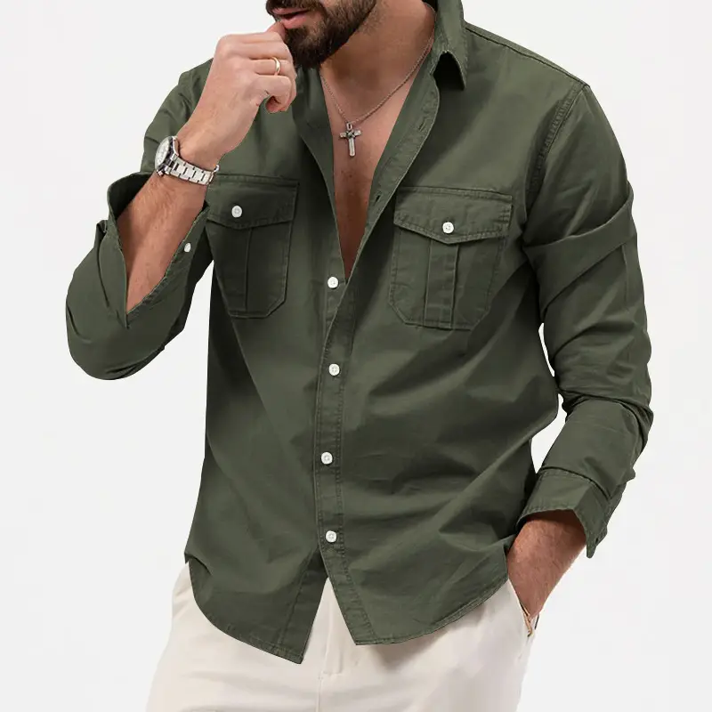 Men's White Button-Down Shirt with Multi-Flap Pocket - Image 4